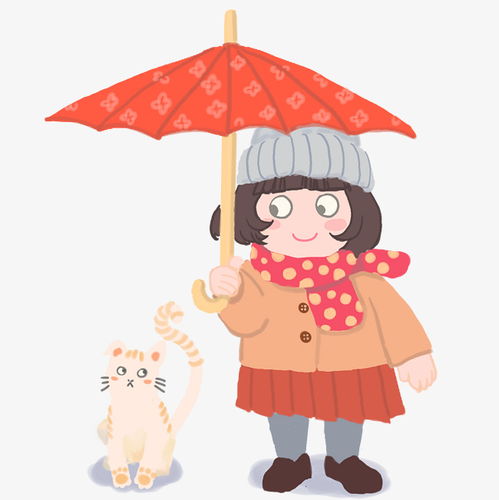 打着雨伞和小猫咪一起的小女孩红色围巾图片素材 其他格式 下载 动漫人物大全 