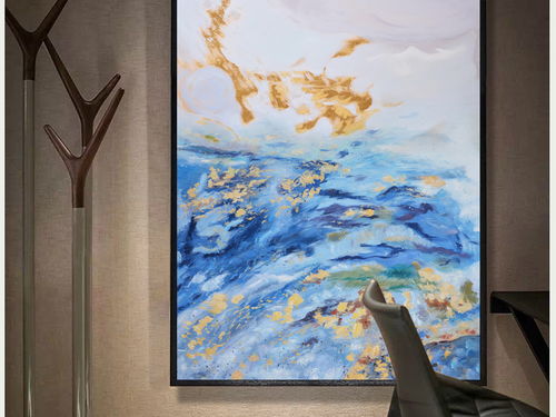 竖幅装饰油画玄关简约北欧海蓝抽象
