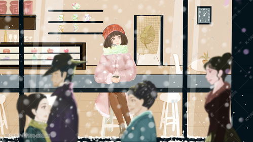 冬季行人城市便利店雪中咖啡屋少女暖手插画图片 千库网 