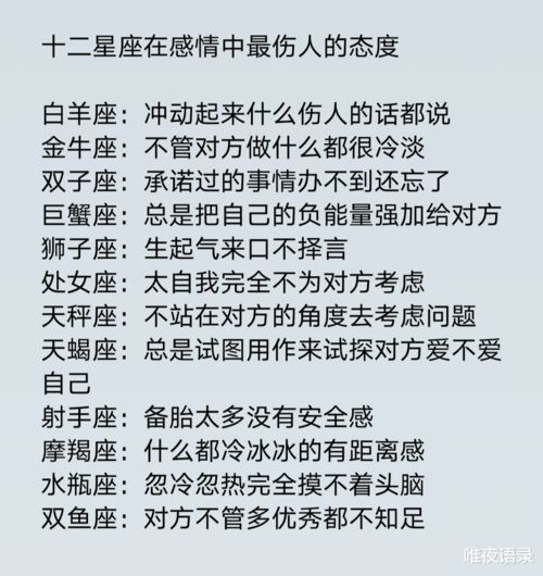 十二星座在感情中最伤人的态度,十二星座最受不了另一半的哪些要求