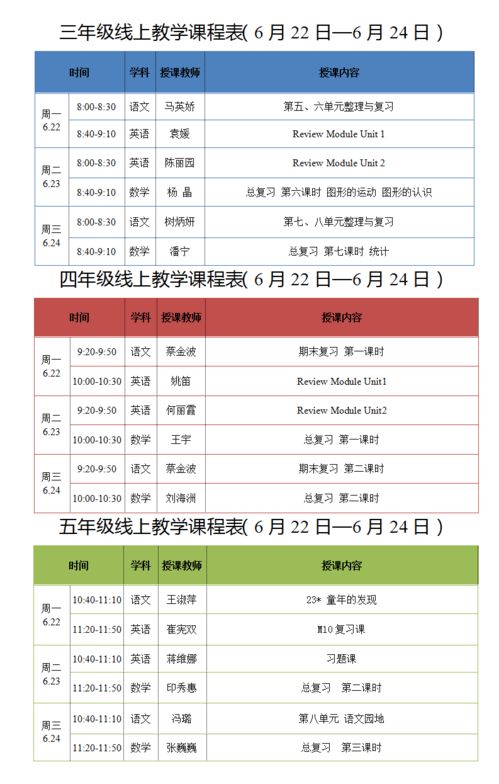 小学 初中第十七周线上教学课程表