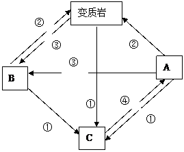 读地壳物质循环示意图,图回答问题 每空1分,共7分 1 图中A B代表的岩石名称是 A 岩,B是 岩,C为 2 将图中各箭头的号码填入下面空白处 