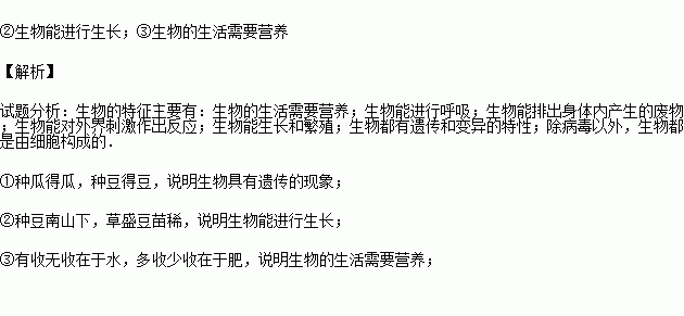 请你分别说出下列谚语.诗文蕴含哪些生物学知识.句子生物学知识①种瓜得瓜.种豆得豆①生物具有遗传的现象②种豆南山下.草盛豆苗稀② ③有收雾收在于水.多收少收在于肥 