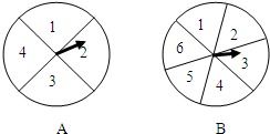 如图6,有两个可以自由转动的转盘A B,转盘A被均匀分成4等份,每份标上1 2 3 4四个数字 转盘B被均匀 