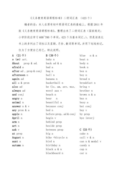 英语课程标准二级词汇423个 