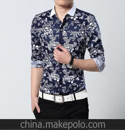 14年新款长袖衬衫韩版潮流男士青花瓷图韩版修身衬衫男士衬衣