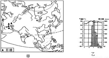 读甲 乙两图,回答下列问题 每空1分,共8分 1 从图甲中提供的信息判断 亚洲的地势特点是 ,你判断的依据 2 图甲中A B C三地的气候特征与图乙相吻合的是 