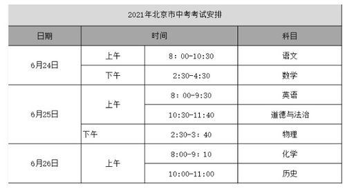 北京2021中考时间安排