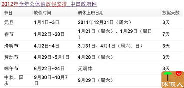 2012年春节放假时间表格