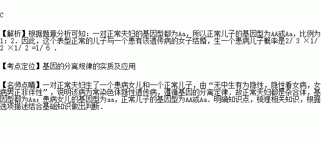 一对表现型正常的夫妇.生了一个患某种遗传病的女儿和一个表现正常的儿子.若这个表现正常的儿子与一个患有该遗传病的女子结婚.他们生出患病孩子的几率为A.1 4 B.1 6 