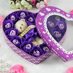 小熊玫瑰香皂花彩色礼盒仿真花生日礼物创意女生情人节礼物 紫色