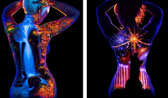 美惨了 艺术家用荧光在裸女身上作画 