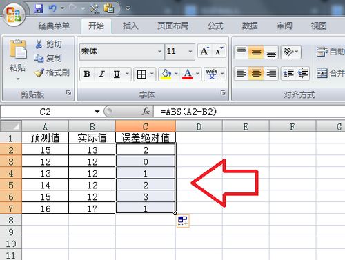 excel ：实测值与预测值之间的误差绝对值怎么算？