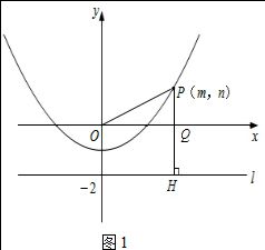 如图1.P m.n 是抛物线y x24 1上任意一点.l是过点且与x轴平行的直线.过点P作直线PH l.垂足为H. 1 填空 当m 0时.OP .PH ,当m 4时.OP 