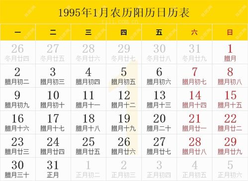 1995年日历表,1995年农历表 阴历阳历节日对照表