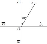如图,OA表示北偏东30 方向的一条射线,画出表示下列方向的射线. 1 北偏东25 . 2 北偏西60 . 