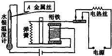 如图所示是恒温箱的简易电路图.其工作原理是 接通工作电路后,电热丝加热,箱内温度升高,当箱内温度达到温度计金属丝A所指的温度时,控制电路接通.电磁铁有磁性,衔铁被吸下 