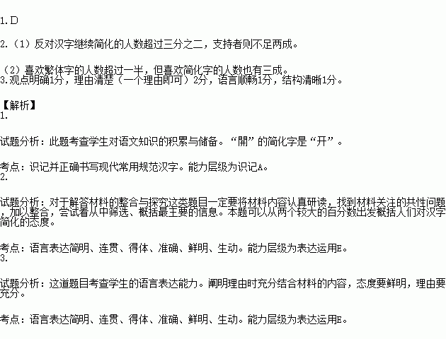 阅读下列三则材料.完成小题. 关于汉字需要简化还是保留繁体的争论.历来众说纷纭.中国社会科学院近代史研究所党委书记.研究员周溯源认为.汉字有简化的必要 