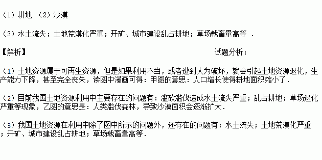 读下面甲.乙两图.回答下列问题. 1 甲图的含义是 人口增长使得 面积缩小了. 2 乙图的含义是 人类滥伐森林.导致 面积逐渐扩大. 3 我国土地资源在利用中除了图中所示的问题 