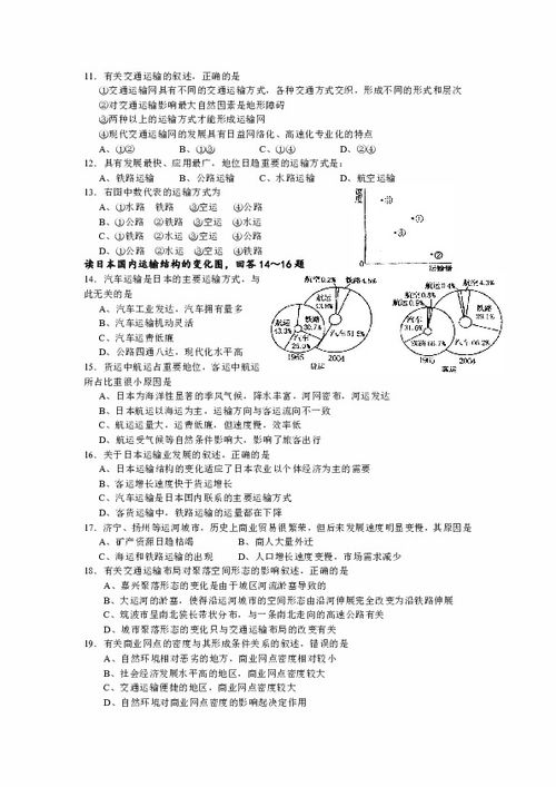 高一地理单元测试 第五章 交通运输布局及其影响下载 地理 