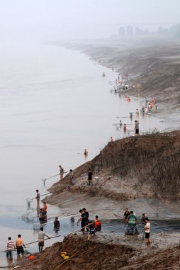 三门峡水库泄洪 下游民众冒险捞鱼 