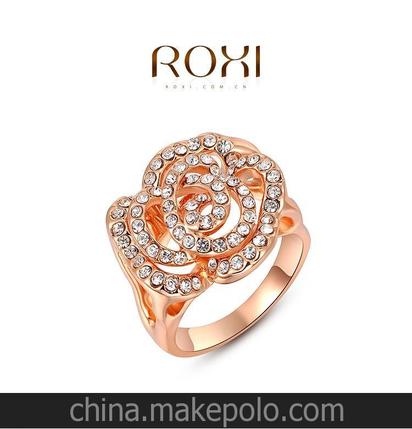 roxi欧美夸张手饰女式时尚饰品玫瑰金镶钻镂空玫瑰花戒指外贸代发