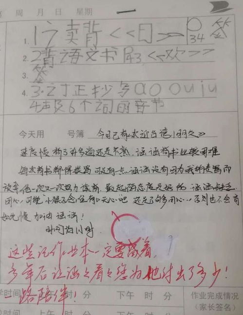 一年级教师晒 优秀学生作业记录本,家长每日300字评语,借鉴