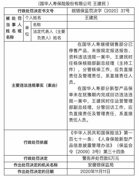 因继续销售部分已停售产品等 国华人寿被罚13万元