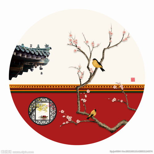 新中式桃花宫殿圆形装饰画图片 