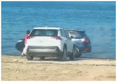 烟台海滩两辆私家车的车主占便宜用海水洗车,网友 一定是外地人