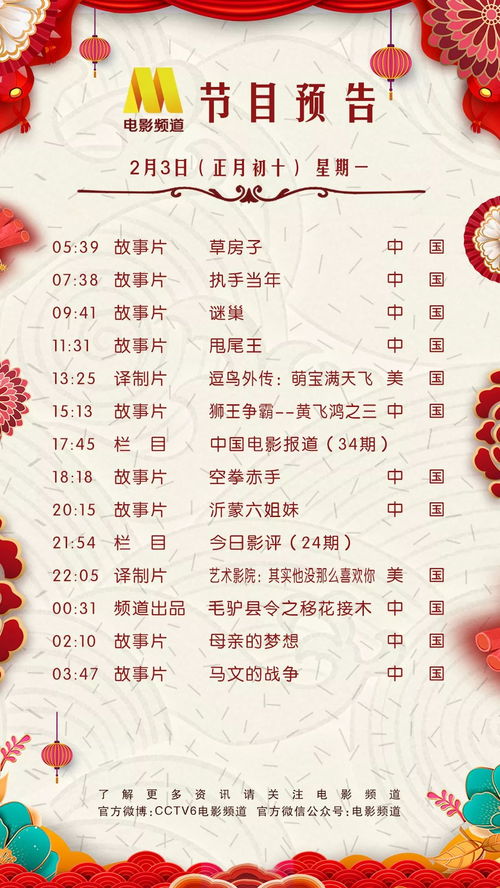 2月3日 正月初十 CCTV6节目预告 