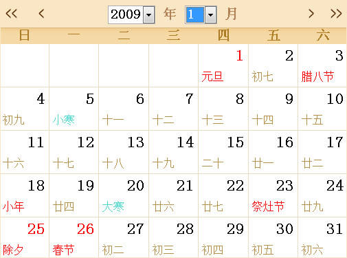 2009全年日历农历表 
