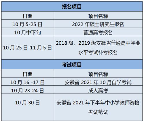 安徽省2021年10月教育招生考试月历