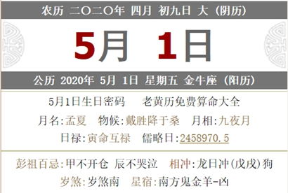 2020年5月1日五一劳动节黄历财神方位是什么 5月1日吉时查询