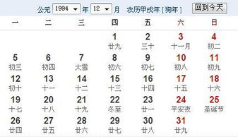 1994年12月 请帮忙把这个月对应的农历列出来 