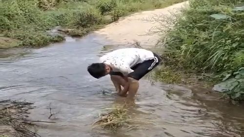 河水淹没道路,小伙本想冲河水发脾气,没想到却在里面捡到两条鲤鱼 