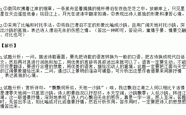 阅读下面的文字.完成小题.旅夜抒怀杜甫细草微风岸.危樯独夜舟.星垂平野阔.月涌大江流.名岂文章著.官应老病休.飘飘何所似.天地一沙鸥.注 诗作于唐代宗永泰元年 