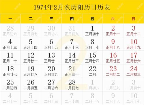 1974年日历表,1974年农历表 阴历阳历节日对照表
