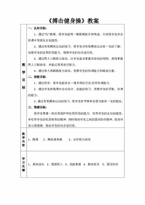 人教版高中体育教案搏击健身操 