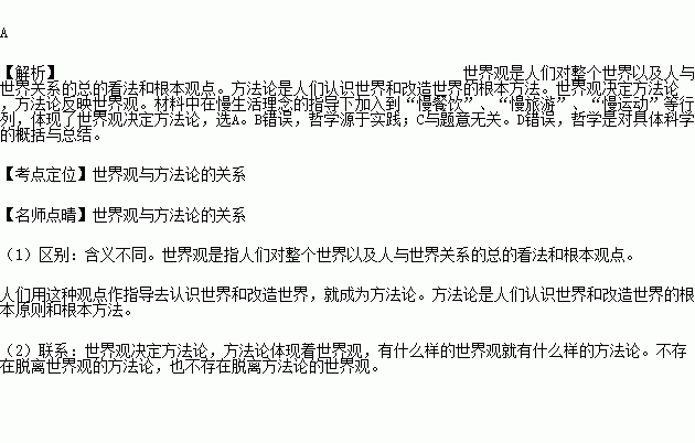 在快节奏生活的时代,人们提出了 慢生活 理念,一些人逐步接受了该理念,并加入到 慢餐饮 . 慢旅游 . 慢运动 等行列.这反映了A.世界观决定方法论 B.哲学来源于人们形成的世界观 