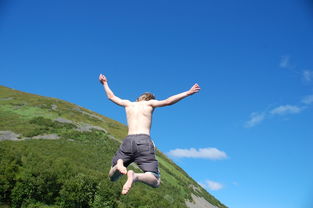 男孩,夏天,洗澡,跳,天空,蓝色,绿,山,景观,性质,挪威 