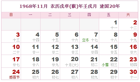 1968年日历表 1968年农历表 1968年是什么年 阴历阳历转换对照表 