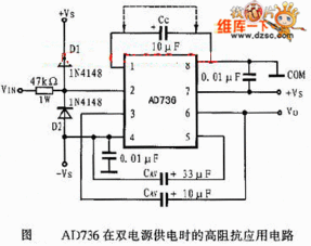 AD736在双电源供电时的高阻抗应用电路图