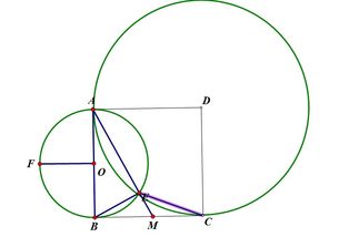 如图正方形ABCD以AB为直径画图,以AD为半径作圆D,两圆相交于E点,连AE交BC于M点,CE交圆O于F 