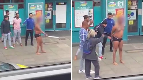 英国一名仅着内裤的男子挥舞长刀在商店外吓唬顾客