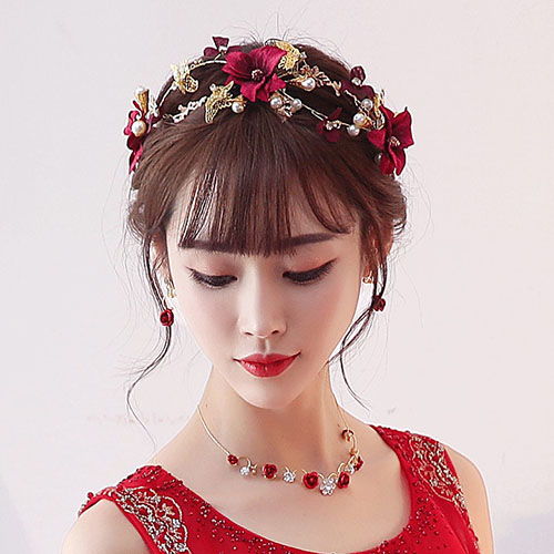 新款红色新娘头饰敬酒服饰中式结婚婚庆三件套韩式边夹头花配饰品