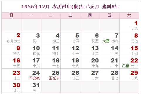 1956年日历表 1956年农历表 1956年是什么年 阴历阳历转换对照表 