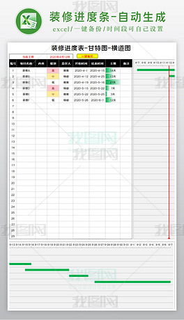 工程项目装修施工计划进度表甘特图横道图excel表格模板下载 