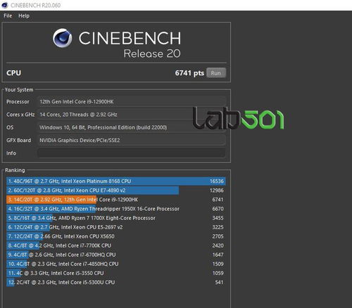 14核20线程 英特尔i9 12900HK跑分出炉