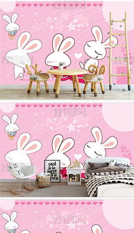 可爱蝴蝶结萌萌兔粉红色兔子公主房背景墙图片素材 效果图下载 